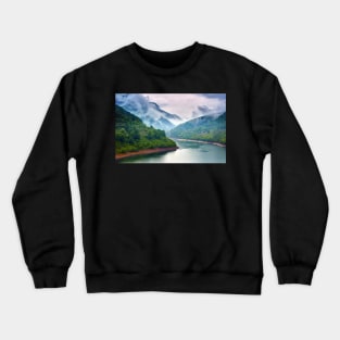 Lake in the mountains on a foggy day Crewneck Sweatshirt